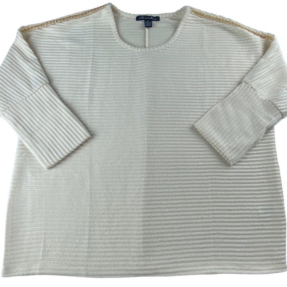 A Love Story Womens‎ XL Cream Ribbed Knit Sweater Gold Chain Shoulder Detail Top